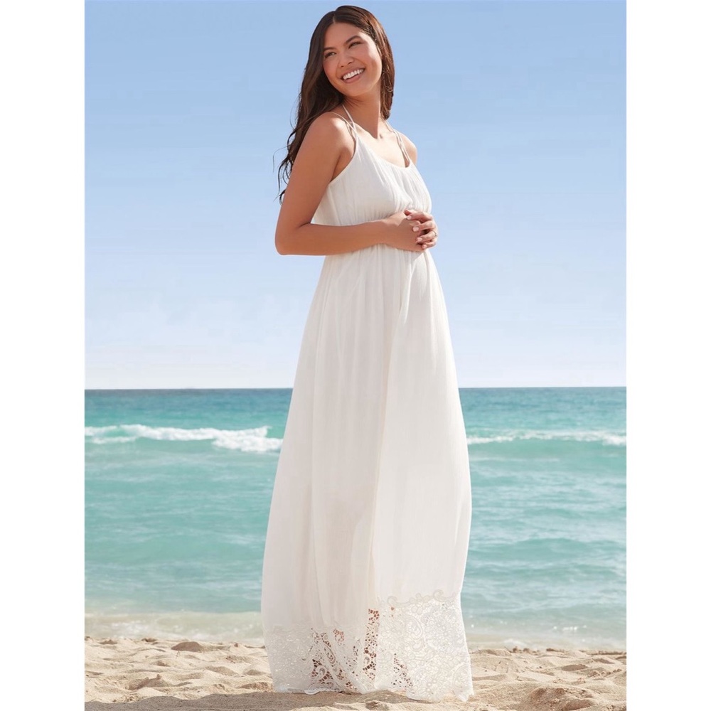 Motherhood Maternity Lace Hem Boho Maxi Dress in White size Small, NWOT